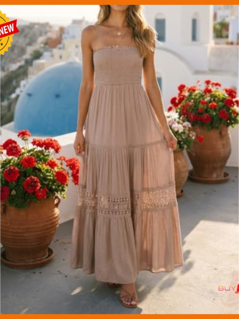 Strapless Maxi Dress Lace Boho Beach Vacation Long Sundress Flowy A Line - Picture 5 of 7
